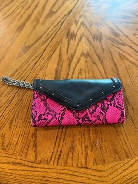 Y2K Hot Pink Snake-Print Chain Wristlet Clutch with Black Flap